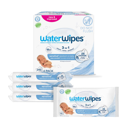 WaterWipes Sensitive+ Newborn & Baby Wipes, 3-In-1 Cleans, Cares, Protects, 99.9% Water, Unscented & Hypoallergenic, 240 Count (4 Packs)