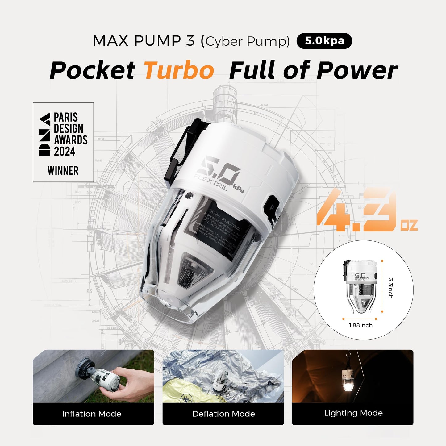 FLEXTAILGEAR Max Pump 3 Air Pump for Inflatables, 5Kpa Portable Air Pump, 500L/min Air Mattress Inflator with Camping Light, Inflatable Pillows Swim Rings Air Mattresses Air Bed Boats