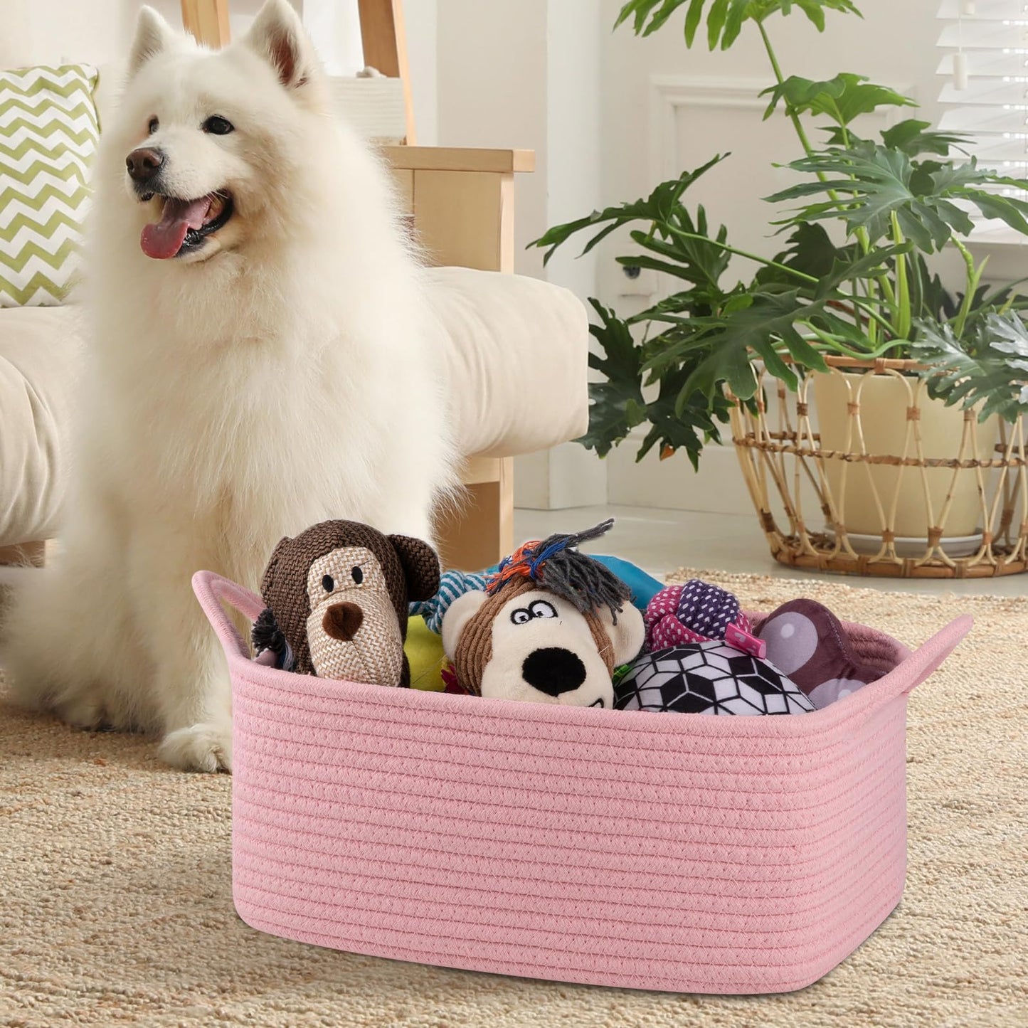 OIAHOMY Woven Basket, Gift Basket Empty with Gift Bags and Ribbons, Rope Baskets for Baby Showers, Storage Baskets with Handles for Nursery, Pet Toy Organizer - Pink