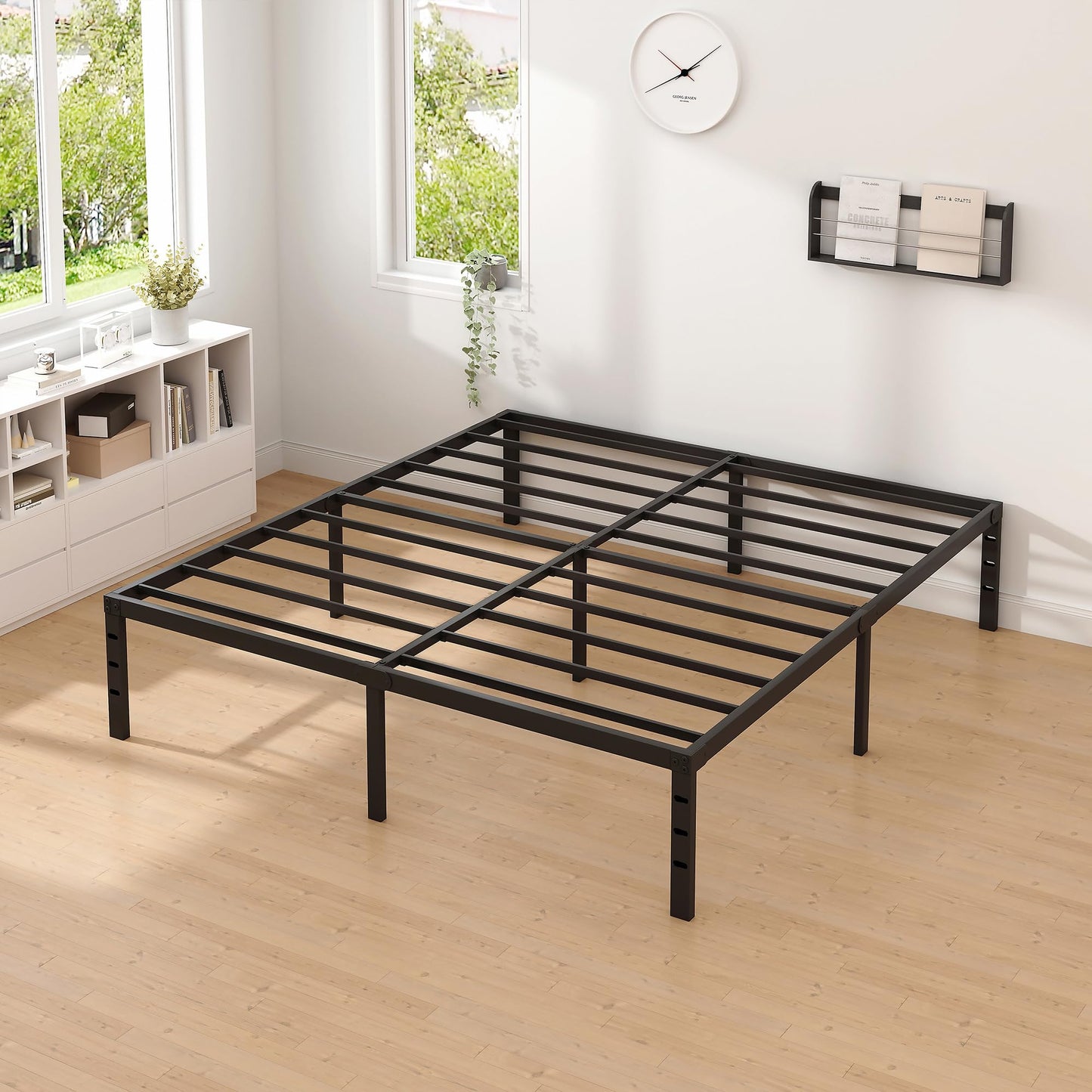 NEW JETO Metal Bed Frame,Queen Size Bed Frame with Storage Space,Heavy Duty Sturdy Mattress Foundation,Easy Assembly,No Box Spring Needed, Black,18 Inch,Queen
