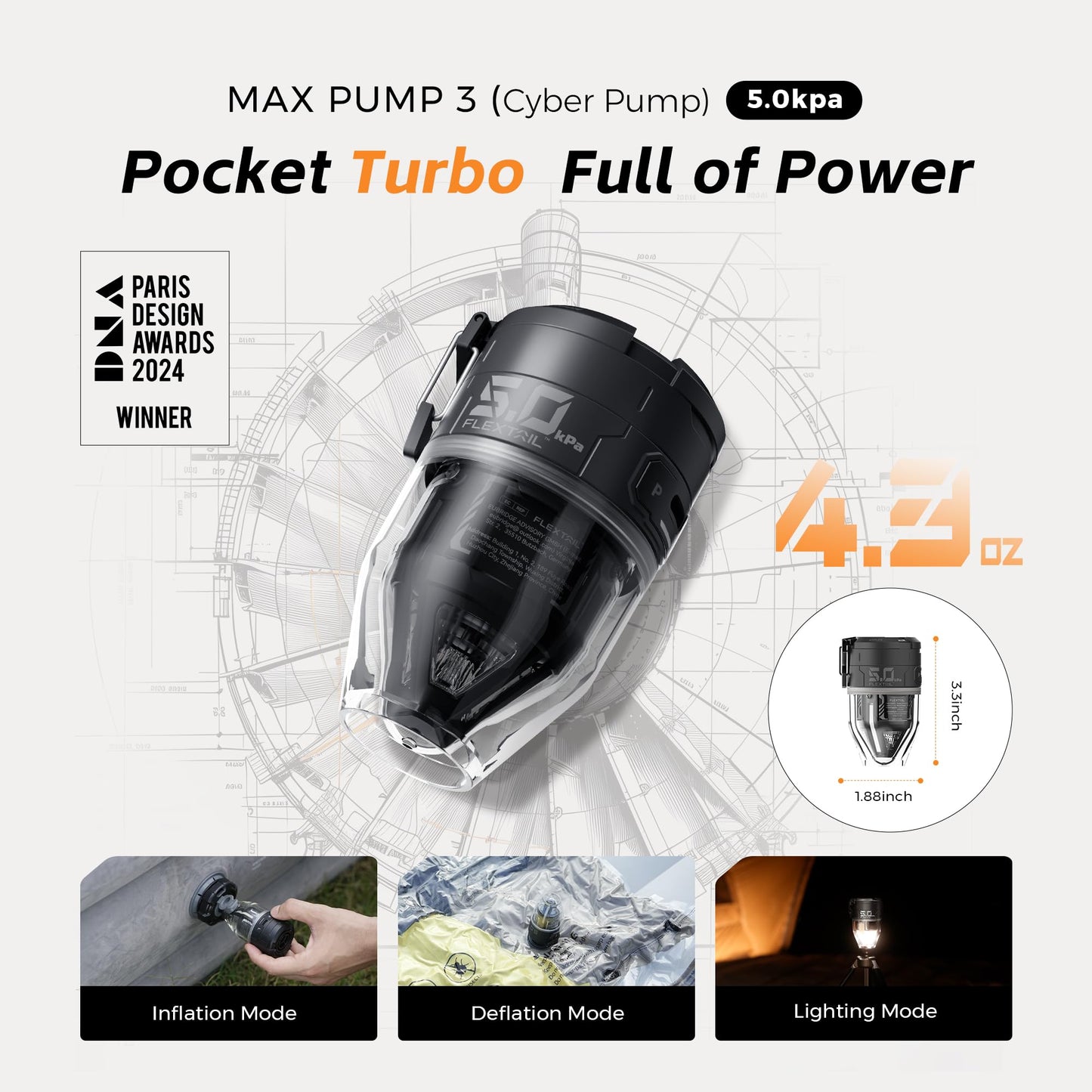 FLEXTAILGEAR Air Pumps for Inflatables Max Pump 3, 5Kpa Portable Air Pump, 500L/min Air Mattress Pump with Camping Light, Electric Pump for Inflatable Pillows Swim Rings Air Mattresses Air Bed Boats