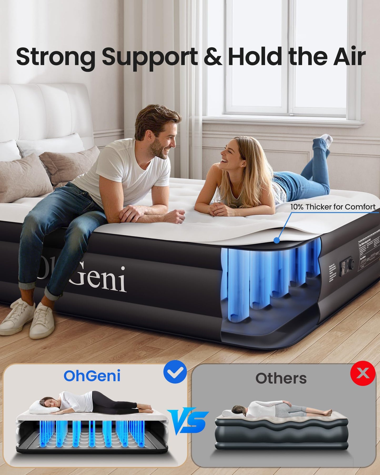 OhGeni Air Mattress Full with Built-in Pump,18'' Comfortable Blow Up Colchones Inflables Mattress for Home,Guests,Foldable,Portable Bed for Adults,Durable Airbed Supports Up to 600 lbs,Black
