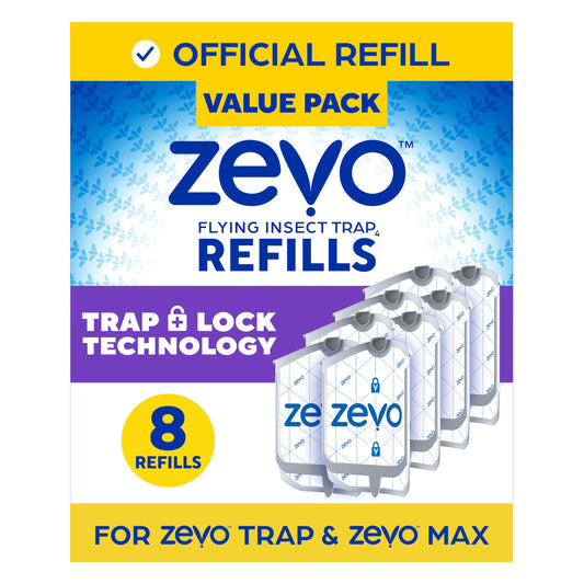 Zevo Flying Insect Trap Refill - for The Zevo MAX & Standard Indoor Fly Trap - Catch Gnats, House & Fruit Flies - Easy to Use - Mess-Free Disposal (8 Refill Cartridges)