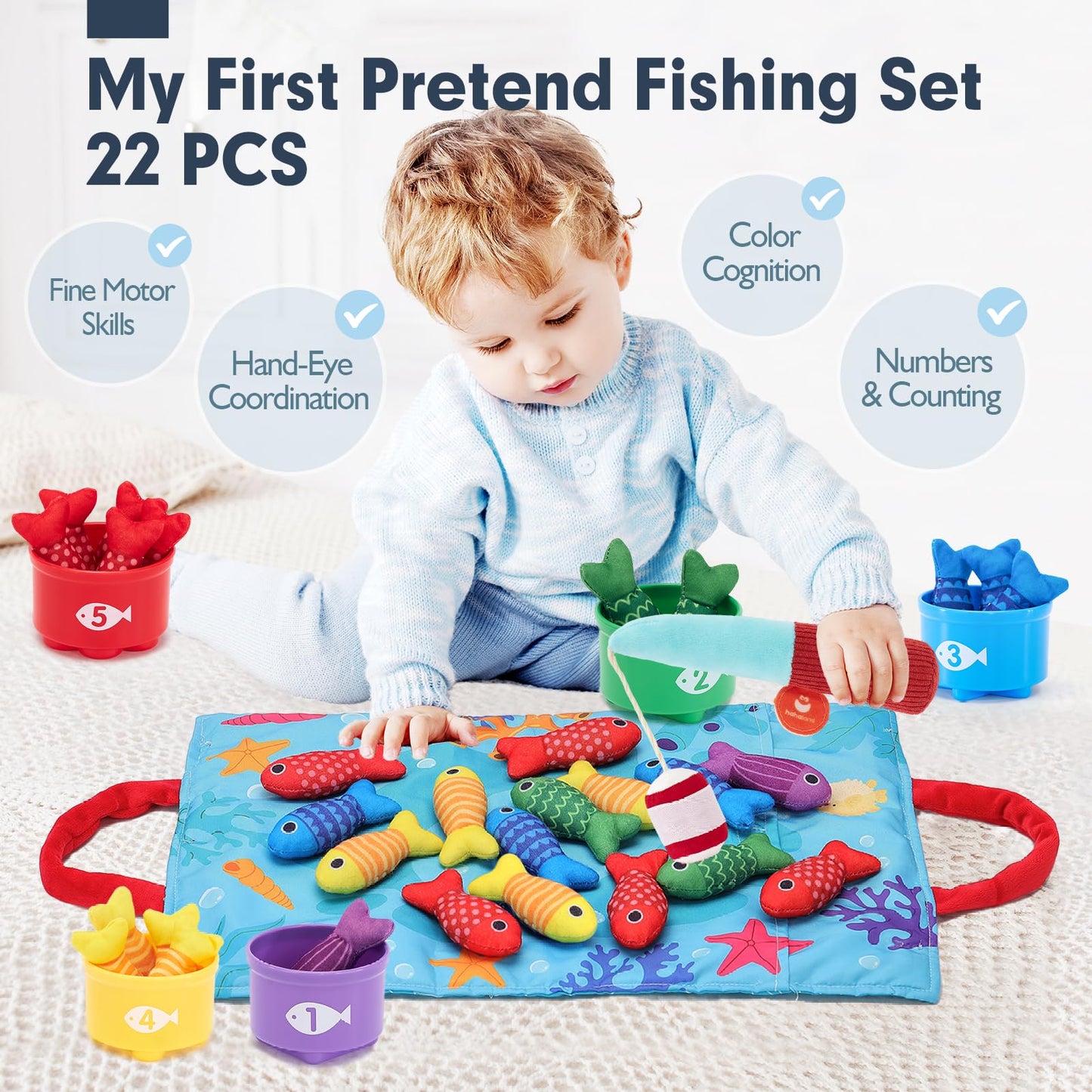 hahaland Montessori Toys for 1 Year Old - 10 in 1 Cloth Toddler Fishing Game with Stacking Cups, Baby Toy 12-18 Months One Year Old Boy Birthday Gift, Toddler Toys for 1 Year Old Boy Girl Gifts