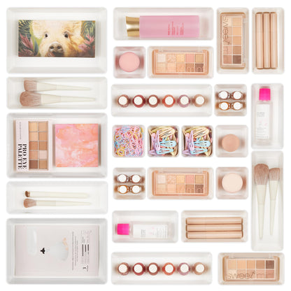 Vtopmart 25 PCS Plastic Drawer Organizers Set, 4-Size Versatile Bathroom and Vanity Drawer Organizer Trays, Storage Bins for Makeup, Bedroom, Kitchen Gadgets Utensils and Office