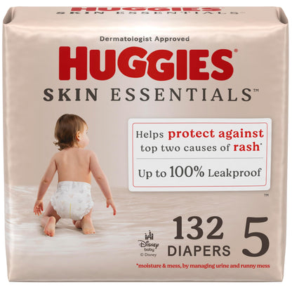 Huggies Size 5 Diapers, Skin Essentials Baby Diapers, Size 5 (27+ lbs), 132 Count (2 Packs of 66), Packaging May Vary