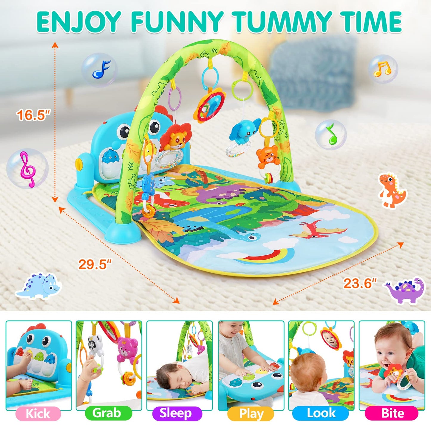 UMIKU Baby Gym Play Mats Baby Toys Tummy Time Mat Musical Activity Center for Newborn Infant Piano Babies Play Mat Music & Light Newborn Infant Gifts for Babies 0-3 6 9 12 Months Dinosaur Style