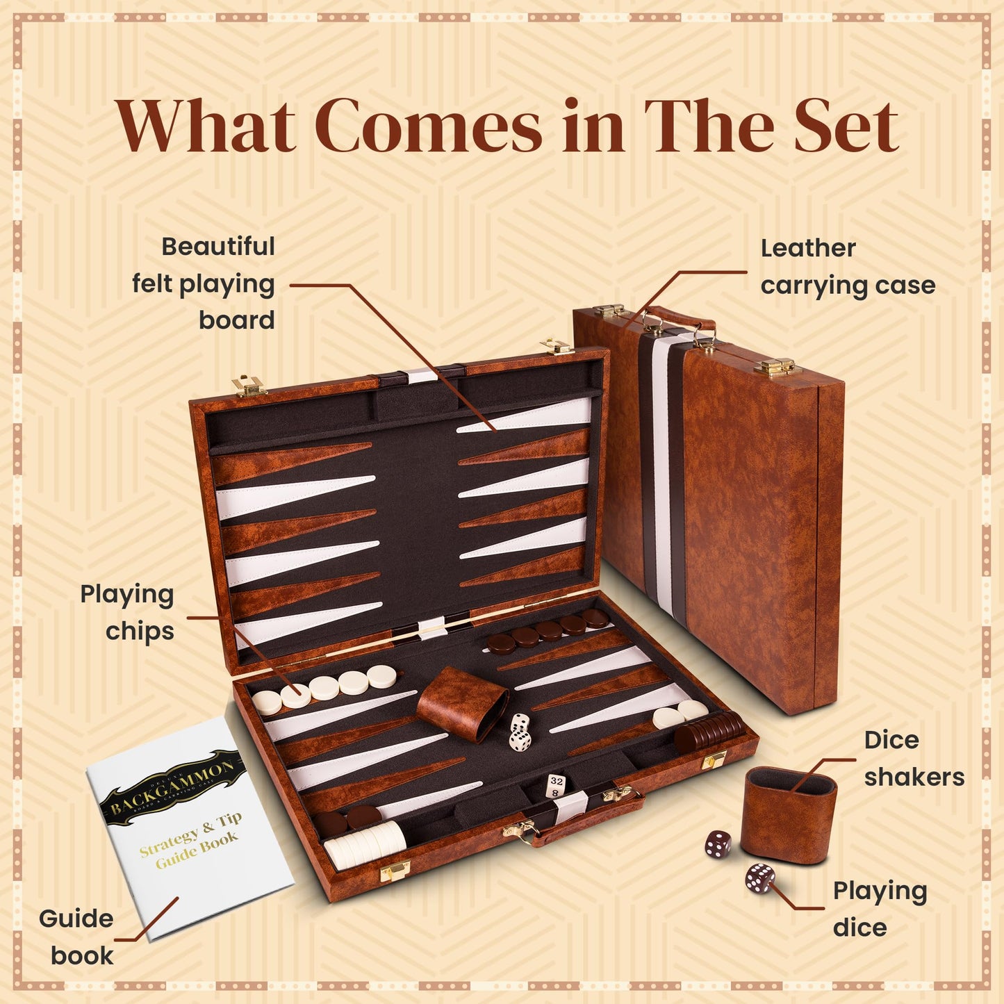 Crazy Games Backgammon Sets for Adults with Premium Leather Case | Classic Travel Backgammon Set for Adults and Kids with Strategy & Guide | 15 Inches | Medium | Brown