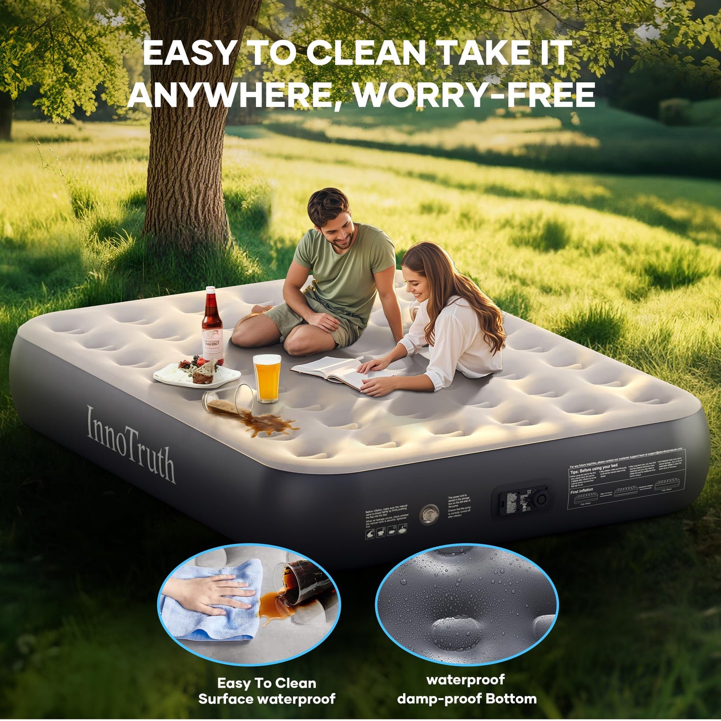 InnoTruth Queen Camping Air Mattress with Built-in Pump, Inflatable Blow up Mattress for Home & Guests, 13" Raised Colchones Inflables Air Bed, Ideal for Travel, Outdoor, Back to School Supplies, Grey