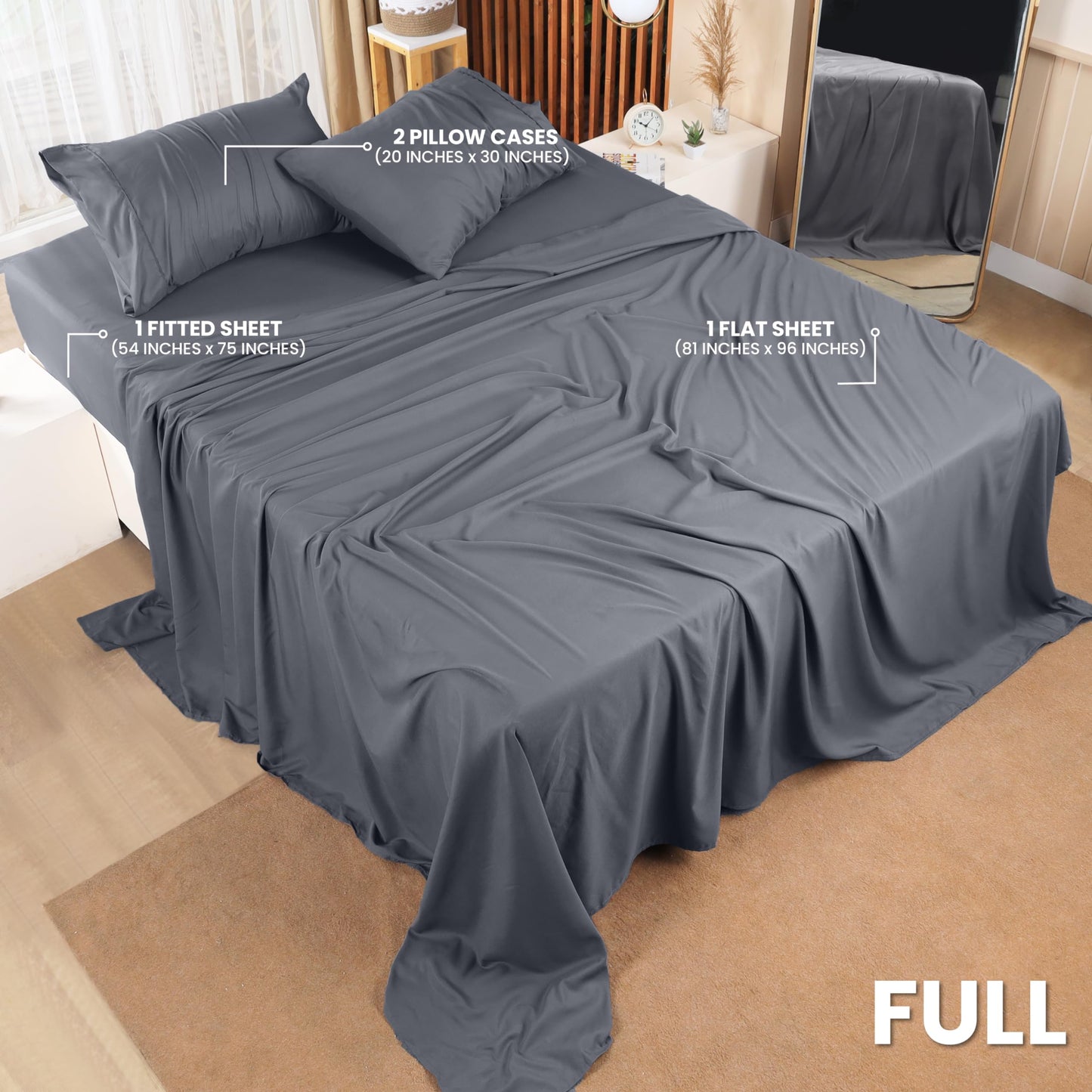 Utopia Bedding Full Sheet Set – 4 Piece Bed Sheets for Full Size Bed, Soft and Breathable Microfiber, Includes 1 Fitted Sheet, 1 Flat Sheet and 2 Pillowcases (Grey)