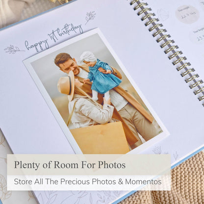 Keepsake Baby Memory Book Boy and Girl - Gender Neutral Baby Journal For First 5 Years, Timeless Baby Scrapbook Journal Milestones Baby Photo Album, Gender Reveal Gifts New Parents - Sky Blue