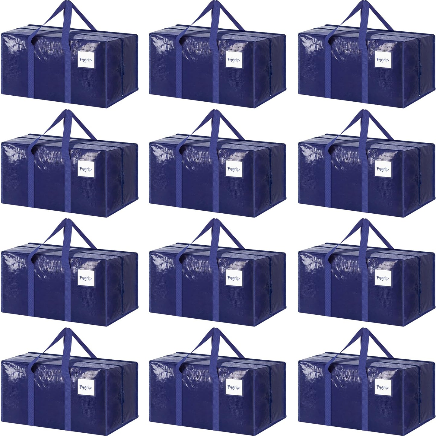 12 Pack Extra Heavy Duty Large Moving Bags with Strong Zipper & Comfortable Handles, Sturdy & Durable Clothes Storage Bags Totes Bins, Packing Moving Boxes for College Supplies, Dark Blue