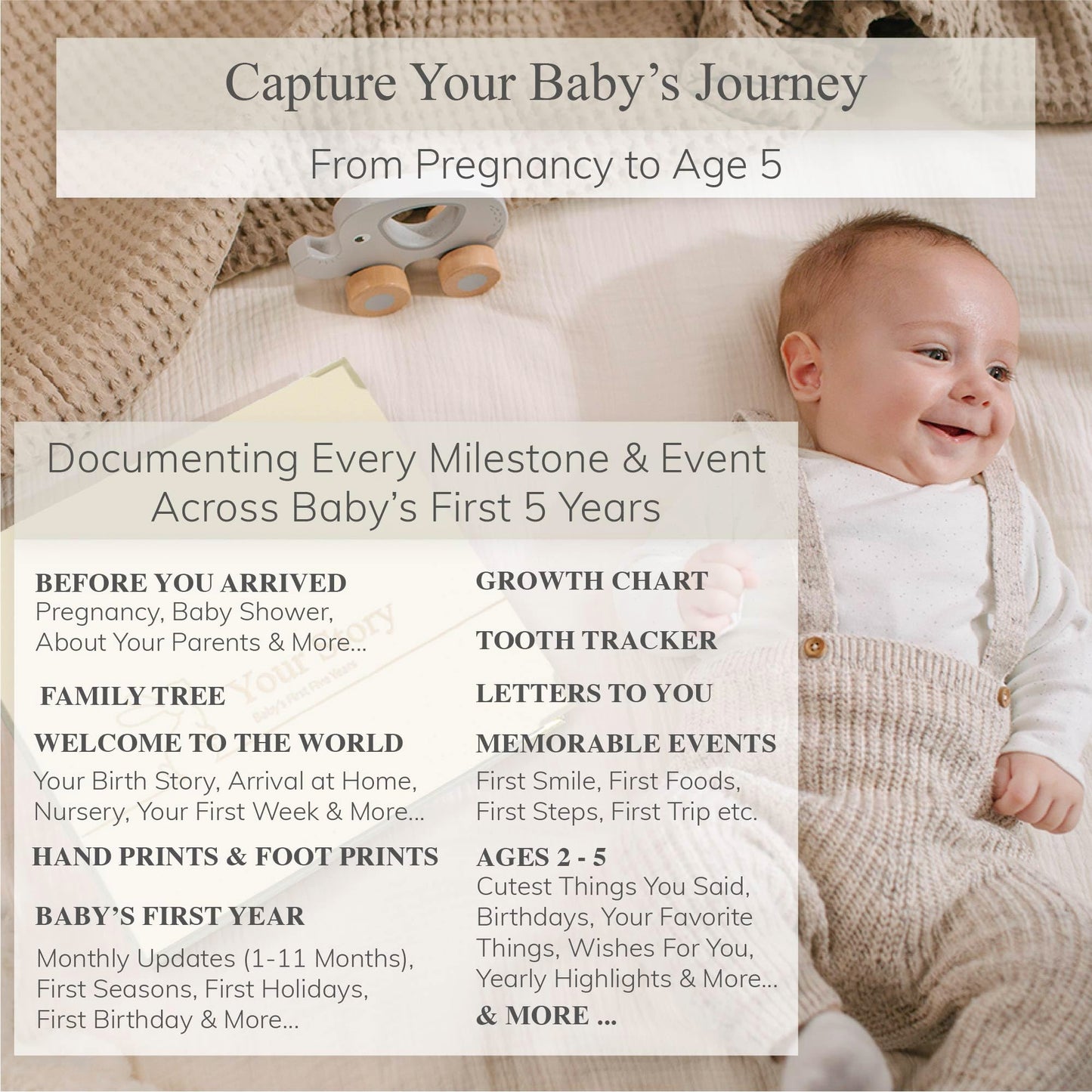 Baby Book Keepsake Boy or Girl Timeless Baby Memory Book First 5 Years for Baby Shower Gender Neutral Baby Scrapbook New Mom Gift Baby Journal from Birth to Age 5 Milestone Book Beige