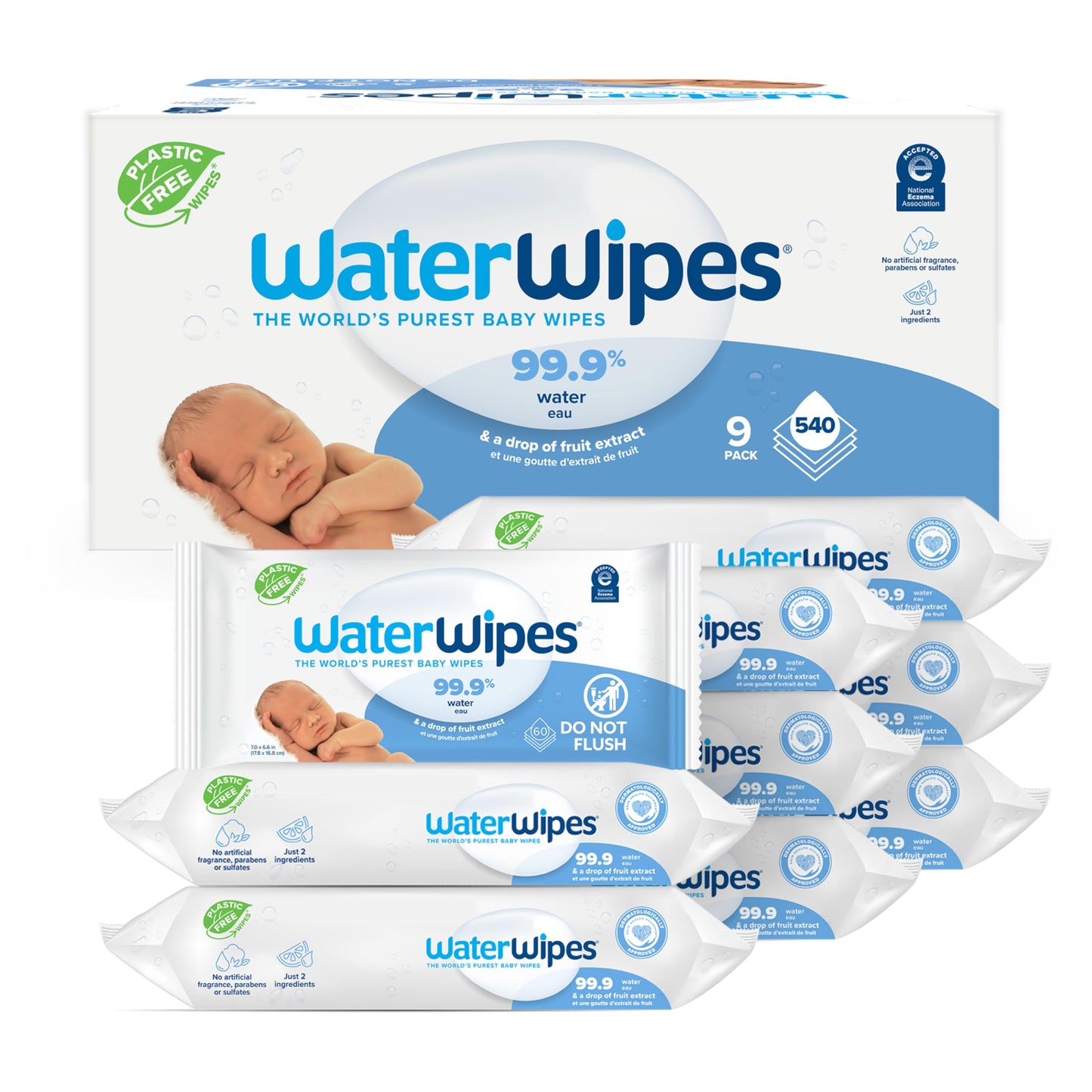 WaterWipes Sensitive+ Newborn & Baby Wipes, 3-In-1 Cleans, Cares, Protects, 99.9% Water, Unscented & Hypoallergenic, 540 Count (9 Packs)