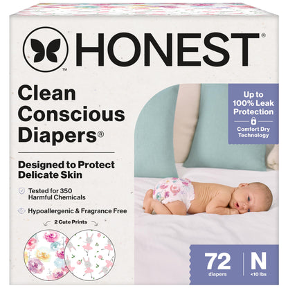 The Honest Company Clean Conscious Diapers for Delicate Skin | Up to 100% Leakproof | Hypoallergenic, Fragrance Free | Girl Prints | Club Box, Size Newborn, 72 Count (Prints May Vary)
