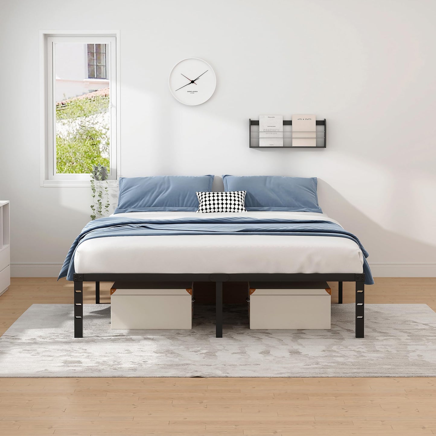 NEW JETO Metal Bed Frame,Queen Size Bed Frame with Storage Space,Heavy Duty Sturdy Mattress Foundation,Easy Assembly,No Box Spring Needed, Black,14 Inch,Queen
