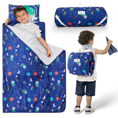 Safotad Toddler Nap Mat with Pillow and Blanket, Soft Sleeping Bag for Kids Boys and Girls, Slumber Bags Kids for Preschool, Daycare, Travel, Camping, 54" x 33" Great for Ages 3-6(Blue)