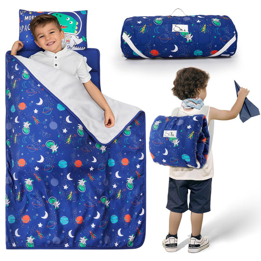 Safotad Toddler Nap Mat with Pillow and Blanket, Soft Sleeping Bag for Kids Boys and Girls, Slumber Bags Kids for Preschool, Daycare, Travel, Camping, 54" x 33" Great for Ages 3-6(Blue)