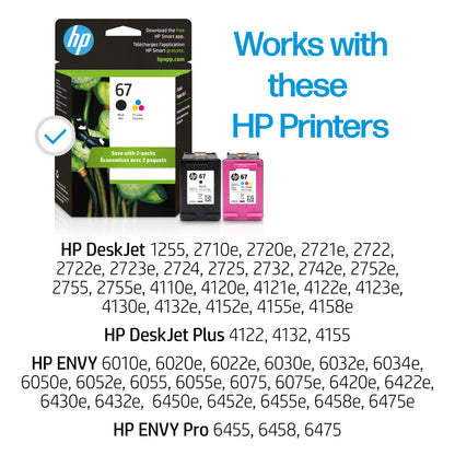 HP 67 Black/Tri-color Ink Cartridges for HP Printers | Works with Printer Series: DeskJet 1255, 2700, 4100; ENVY 6000, 6400 | Eligible for Instant Ink | 3YP29AN