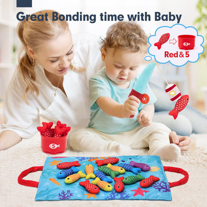 hahaland Montessori Toys for 1 Year Old - 10 in 1 Cloth Toddler Fishing Game with Stacking Cups, Baby Toy 12-18 Months One Year Old Boy Birthday Gift, Toddler Toys for 1 Year Old Boy Girl Gifts
