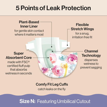 The Honest Company Clean Conscious Diapers for Delicate Skin | Up to 100% Leakproof | Hypoallergenic, Fragrance Free | Girl Prints | Club Box, Size Newborn, 72 Count (Prints May Vary)