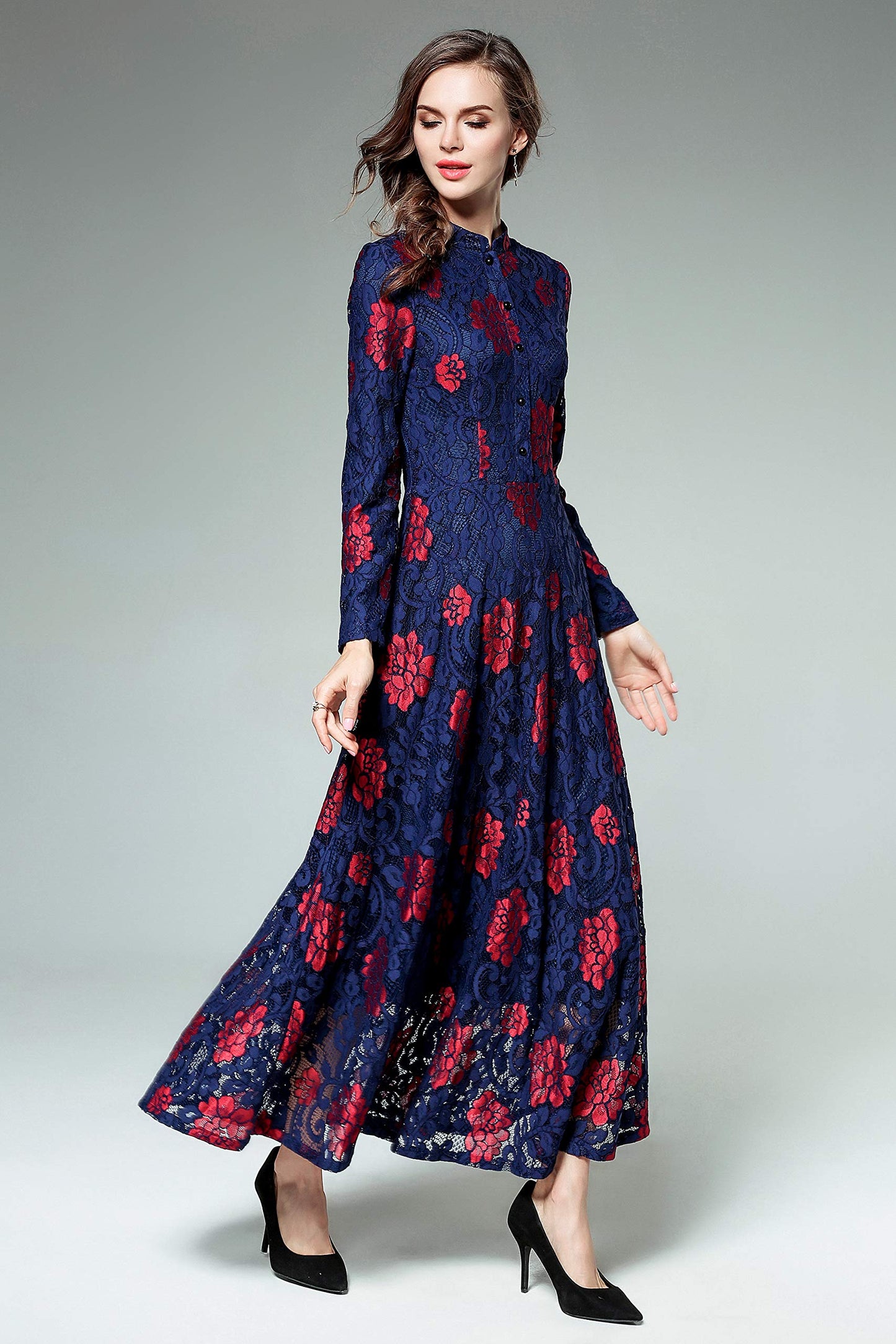 LAI MENG FIVE CATS Women's Flowy Lace Floral Button Front Long Sleeve Dress with Belt Navy Red
