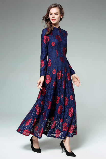 LAI MENG FIVE CATS Women's Flowy Lace Floral Button Front Long Sleeve Dress with Belt Navy Red