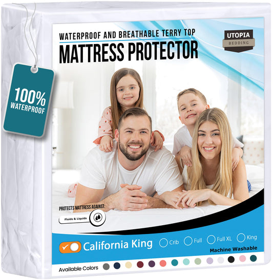 Utopia Bedding Waterproof Mattress Protector California King Size, Premium Terry Mattress Cover 200 GSM, Breathable, Fitted Style with Stretchable Pockets (White)