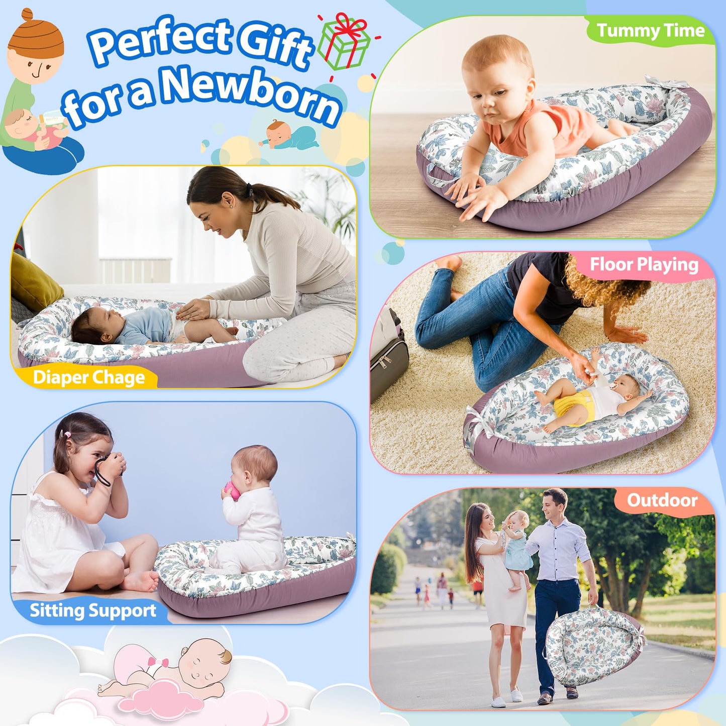 BUTOA Baby Lounger - Breathable & Soft Baby Nest, Portable and Lightweight Tummy Time Lounger for Home and Travel, Ideal Newborn Babies Essentials Baby Shower Gifts