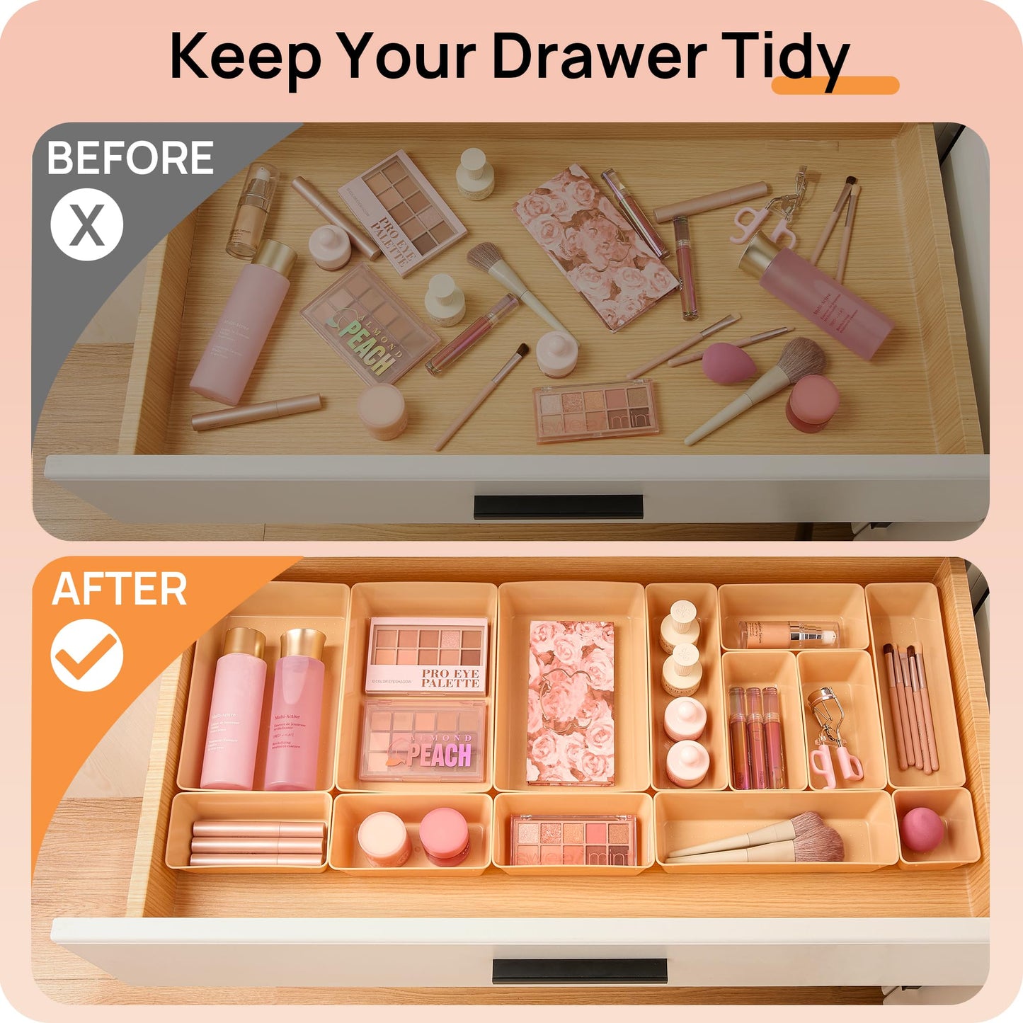 Vtopmart 25 PCS Plastic Drawer Organizers Set, 4-Size Versatile Bathroom and Vanity Drawer Organizer Trays, Storage Bins for Makeup, Bedroom, Kitchen Gadgets Utensils and Office