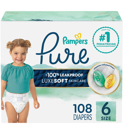 Pampers Pure Protection Baby Diapers, Size 6 (35+ lbs), 108 Count, Up to 100% Leakproof, Premium Plant-based Skin Protection, Hypoallergenic Soft Diapers