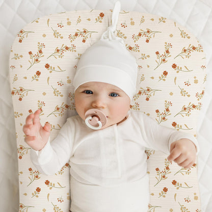 Konssy Muslin Baby Lounger Cover 2 Pack, 100% Cotton Newborn Lounger Cover, Soft and Breathable Baby Nest Slipcover for Boys Girls (Chestnut, Posy)
