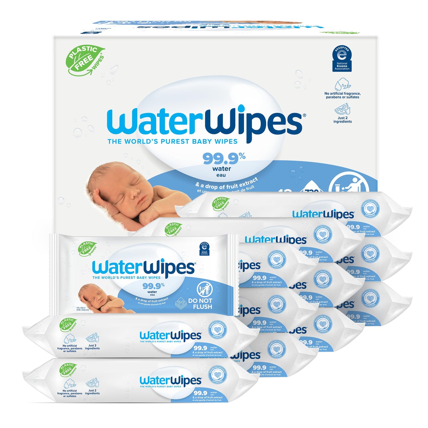 WaterWipes Sensitive+ Newborn & Baby Wipes, 3-In-1 Cleans, Cares, Protects, 99.9% Water, Unscented & Hypoallergenic, 720 Count (12 Packs)