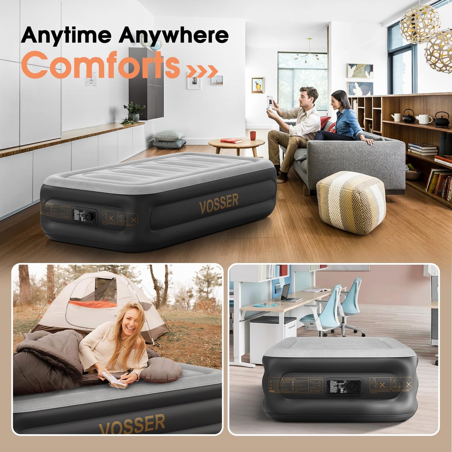 VOSSER Air Mattress Twin with Built in Pump,18''Blow up Mattress 2 Mins Self-Inflation/Deflation,Thicker Inflatable Mattress Leak-Proof,Flocked Top Air Bed with Storage Bag for Home, Camping & Guests