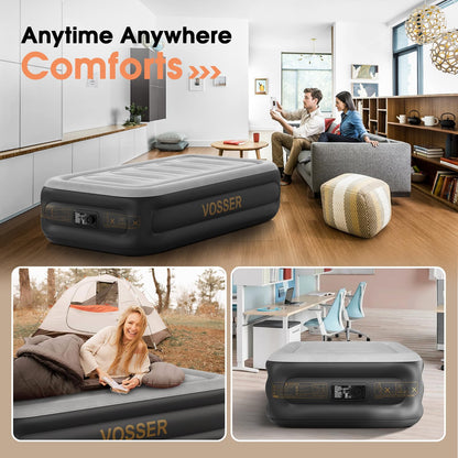 VOSSER Air Mattress Twin with Built in Pump,18''Blow up Mattress 2 Mins Self-Inflation/Deflation,Thicker Inflatable Mattress Leak-Proof,Flocked Top Air Bed with Storage Bag for Home, Camping & Guests