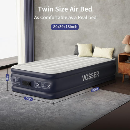 VOSSER Twin Air Mattress with Built in Pump Raised,18''Inflatable Mattress of Upgraded Vertical Beams,Self Inflatable Blow Up Mattress in 3 Mins,Flocked Top Airbed with Carry Bag for Home,Camping