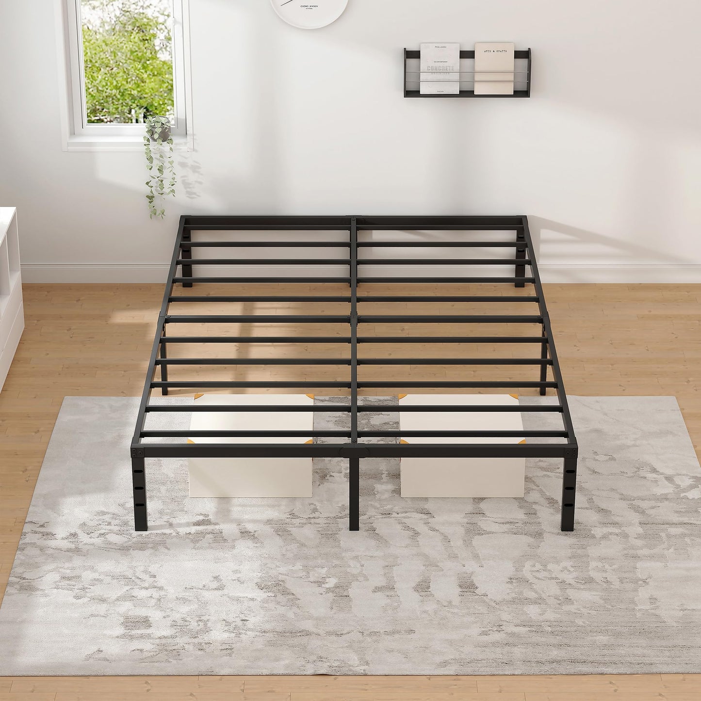 NEW JETO Metal Bed Frame,Queen Size Bed Frame with Storage Space,Heavy Duty Sturdy Mattress Foundation,Easy Assembly,No Box Spring Needed, Black,18 Inch,Queen