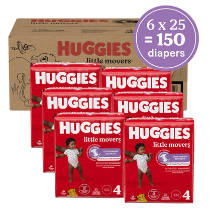 Huggies Size 4 Diapers, Little Movers Baby Diapers, Size 4 (22-37 lbs), 150 Count (6 Packs of 25), Packaging May Vary