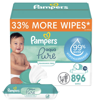 Pampers Baby Wipes Aqua Pure, 99% Water Based Wipes, Hypoallergenic and Unscented Infant Wipe, 896 Total (16 Flip-Top Packs)