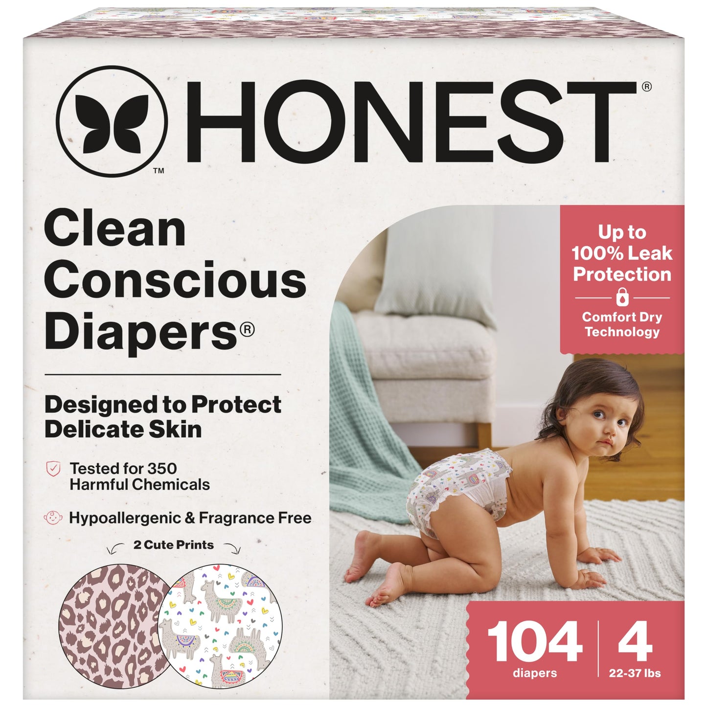 The Honest Company Clean Conscious Diapers for Delicate Skin | Up to 100% Leakproof | Hypoallergenic, Fragrance Free | Girl Prints | Super Club Box, Size 4 (22-37 lbs), 104 Count (Prints May Vary)