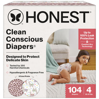 The Honest Company Clean Conscious Diapers for Delicate Skin | Up to 100% Leakproof | Hypoallergenic, Fragrance Free | Girl Prints | Super Club Box, Size 4 (22-37 lbs), 104 Count (Prints May Vary)