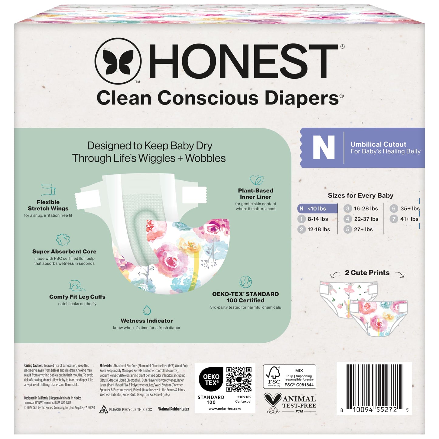 The Honest Company Clean Conscious Diapers for Delicate Skin | Up to 100% Leakproof | Hypoallergenic, Fragrance Free | Girl Prints | Club Box, Size Newborn, 72 Count (Prints May Vary)