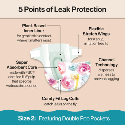 The Honest Company Clean Conscious Diapers for Delicate Skin | Up to 100% Leakproof | Hypoallergenic, Fragrance Free | Girl Prints | Club Box, Size 2 (12-18 lbs), 72 Count (Prints May Vary)