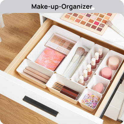 Vtopmart 25 PCS Plastic Drawer Organizers Set, 4-Size Versatile Bathroom and Vanity Drawer Organizer Trays, Storage Bins for Makeup, Bedroom, Kitchen Gadgets Utensils and Office