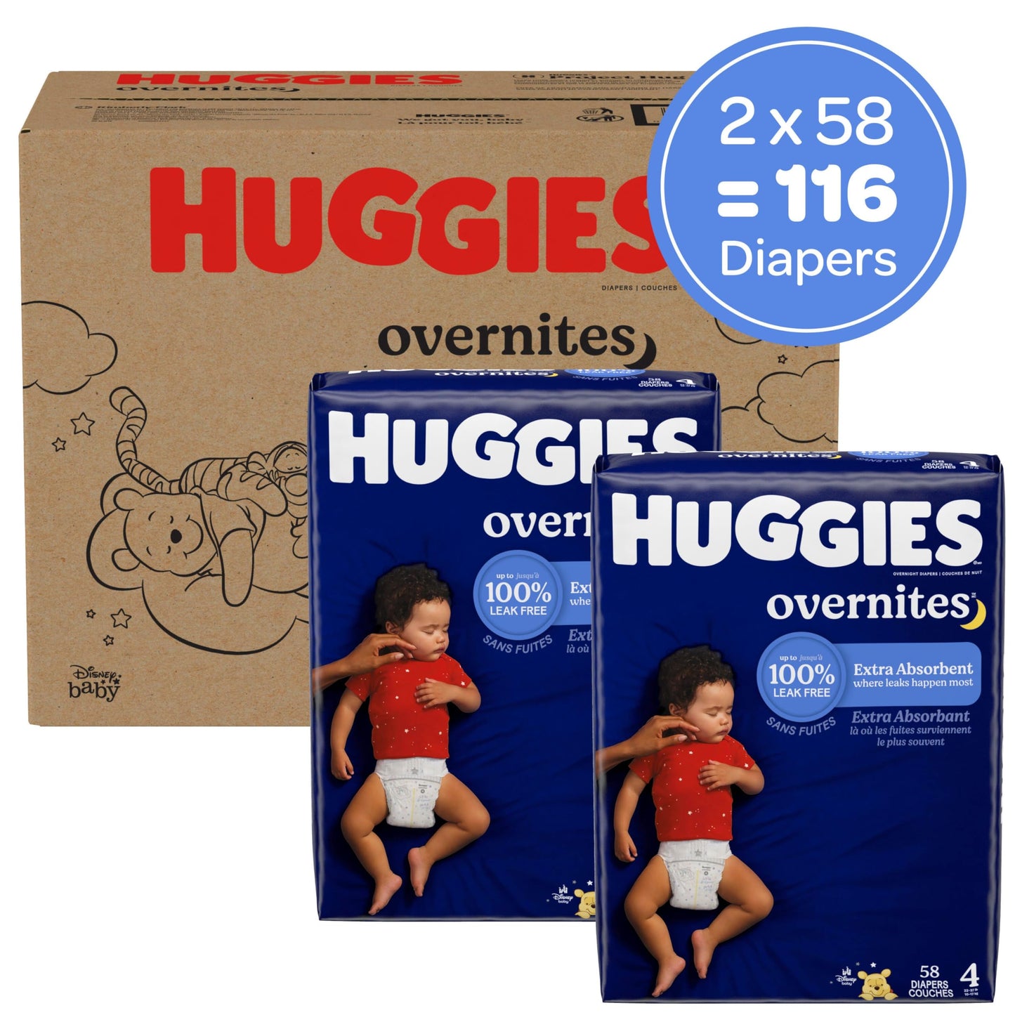 Huggies Size 4 Overnites Baby Diapers: Overnight Diapers, Size 4 (22-37 lbs), 116 Ct (2 Packs of 58), Packaging May Vary