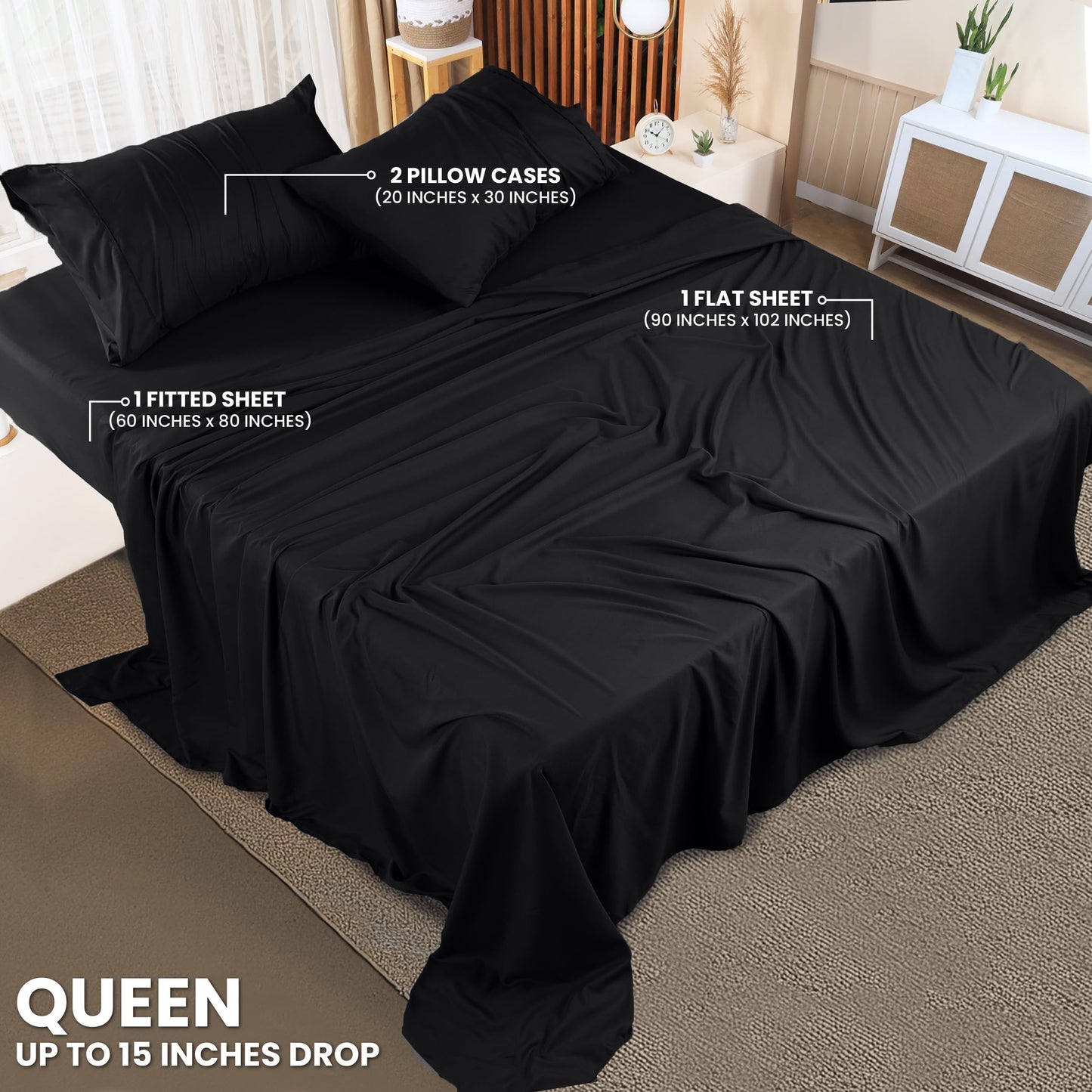Utopia Bedding Queen Sheet Set – 4 Piece Bed Sheets for Queen Size Bed, Soft and Breathable Microfiber, Includes 1 Fitted Sheet, 1 Flat Sheet and 2 Pillowcases (Black)