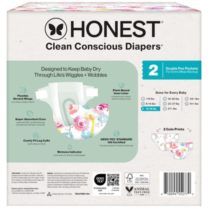 The Honest Company Clean Conscious Diapers for Delicate Skin | Up to 100% Leakproof | Hypoallergenic, Fragrance Free | Girl Prints | Club Box, Size 2 (12-18 lbs), 72 Count (Prints May Vary)