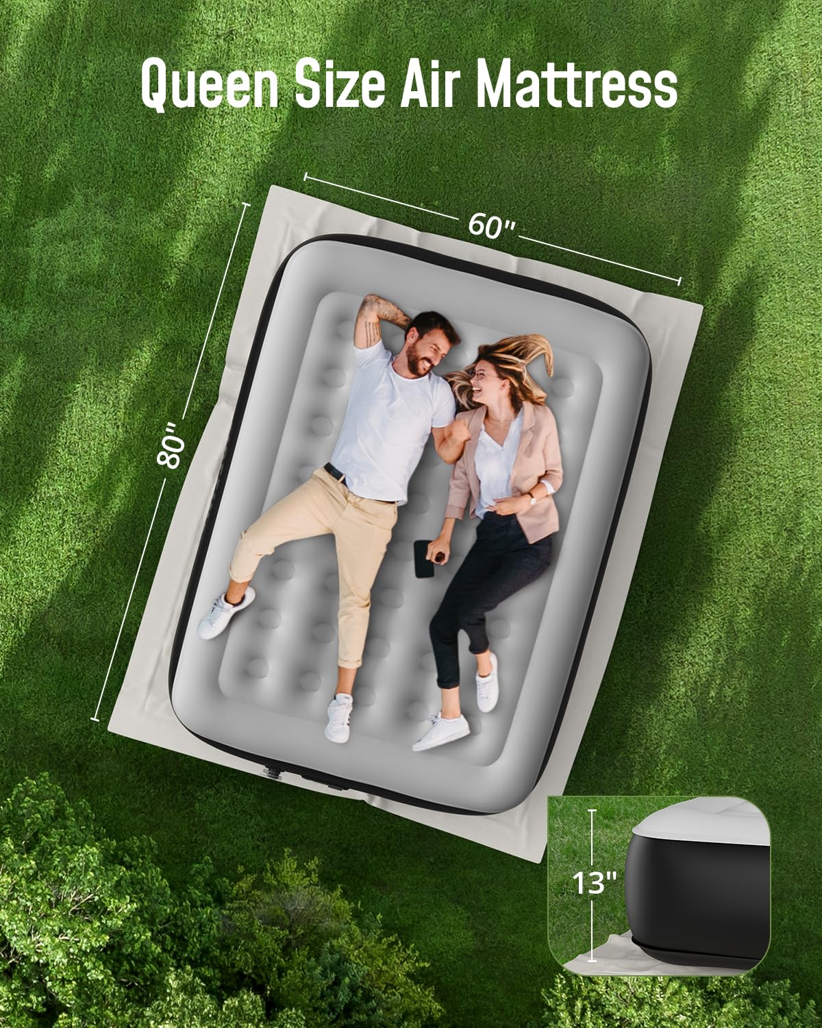 Airefina Queen Air Mattress with Built-in Pump 13", Comfort Blow up Mattress in 3 Mins Inflation/Deflation, Queen Size Inflatable Bed with Flocked Top for Camping, Home, Guest, Portable 80x60x13in
