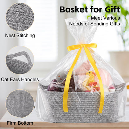 OIAHOMY Woven Basket, Gift Basket Empty with Gift Bags and Ribbons, Rope Baskets for Baby Showers, Storage Baskets with Handles for Nursery, Pet Toy Organizer - Grey