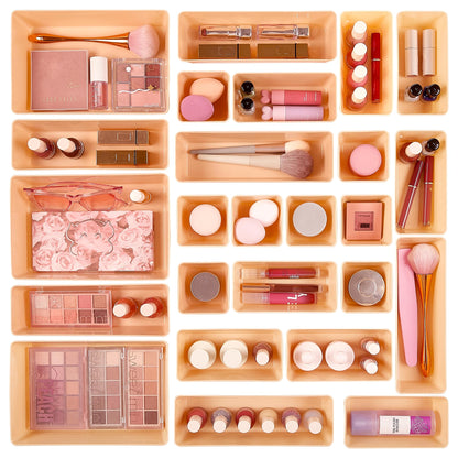 Vtopmart 25 PCS Plastic Drawer Organizers Set, 4-Size Versatile Bathroom and Vanity Drawer Organizer Trays, Storage Bins for Makeup, Bedroom, Kitchen Gadgets Utensils and Office